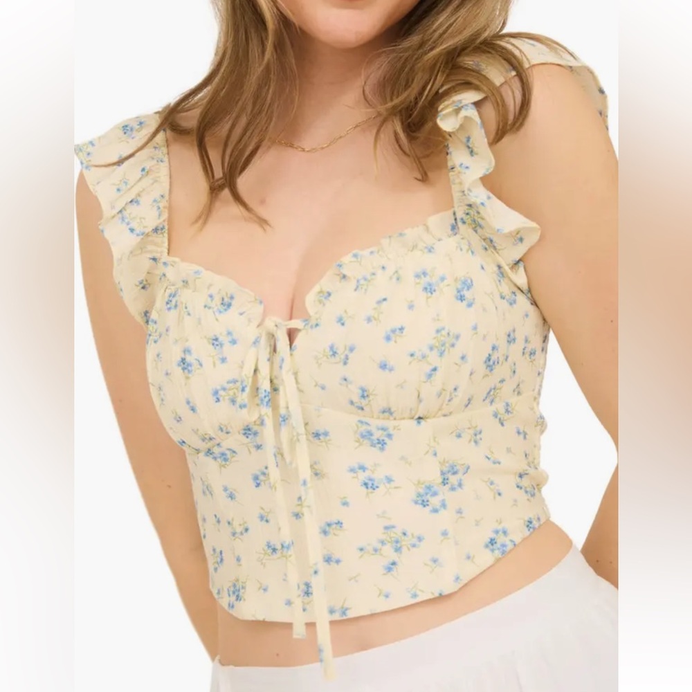 Blu Pepper Floral Ruffle Crop Top - Cream and Blue